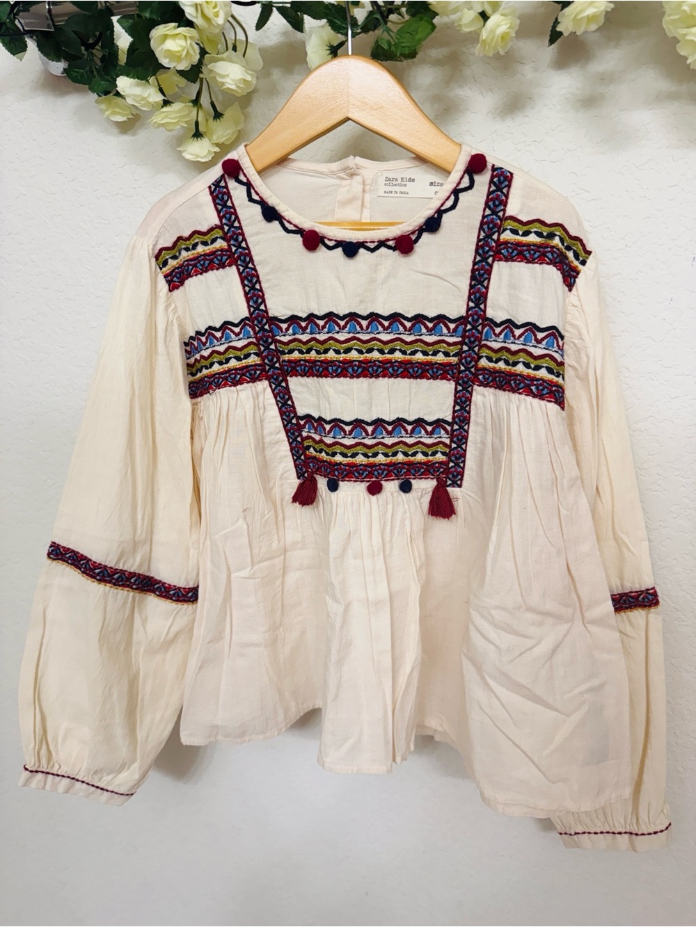 Zara • Girls Cream Embroidered Boho Peasant Blouse Tassel Pom Pom Top